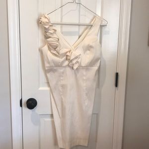 Ivory sleeveless dress with one shoulder ruffle detail, worn once, dry cleaned